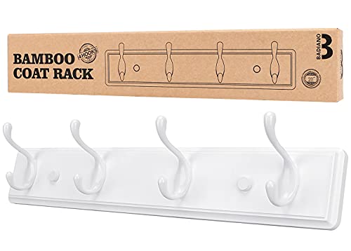 Heavy Duty Wooden Coat Rack, Wall-Mounted Organizer, 19 Inch, White | 4 Double Hooks, Greater Storage Space for Hanging Towels, Bags, Hats, Jackets, Key - color: White, size: 4 Hooks