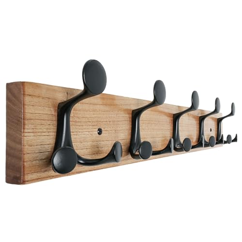 SKOLOO 24-Inch Wood Coat Rack Wall Mount with 5 Triple Hooks - Ideal for Family Entrances, Classrooms, and Pet Supplies Storage - Perfect Coat Hooks for Wall, Black on Natural - color: Black on Natural, size: 24 inch with 5 hooks