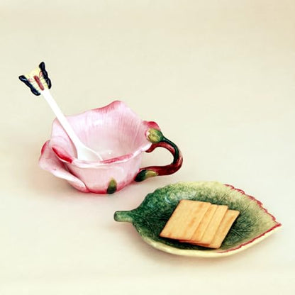Ceramic Tea Cup and Saucer Set ，6OZ 3D Hand-Painted Flower and Lotus Leaf Coffee Mug，Gift for Women- Pink Rose - color: Pink Rose
