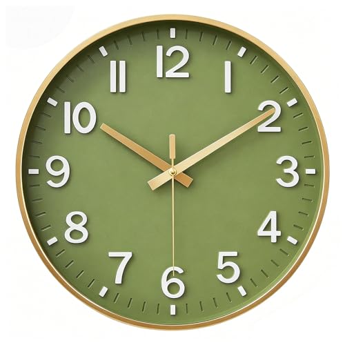 HZDHCLH Wall Clocks Battery Operated,Wall Clock Green Gold,14 inch Wall Clock Silent Non Ticking Modern 3D Numbers for Kitchen Bedroom Living Room Office Classroom Decor - color: Green Gold, size: 14 inch