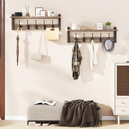 47.2" Coat Rack Wall Mount with Shelf and 10 Hooks, Silver Gray UHWS004Y-2 | 2 Pack Coat Hooks Wall Mount, Wood Wall Mounted Coat Rack with Hooks, Coat Hanger Wall Mount, Wall Hooks for Hanging - color: Silver Gray