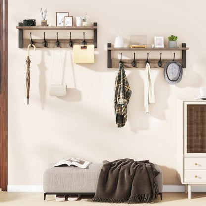 47.2" Coat Rack Wall Mount with Shelf and 10 Hooks, Silver Gray UHWS004Y-2 | 2 Pack Coat Hooks Wall Mount, Wood Wall Mounted Coat Rack with Hooks, Coat Hanger Wall Mount, Wall Hooks for Hanging - color: Silver Gray