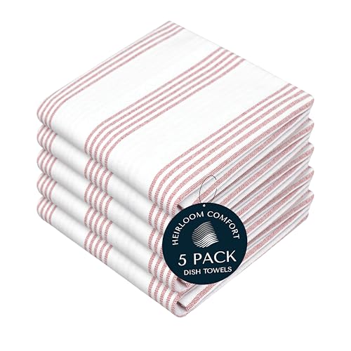 Rust Stripe Dish Towels, 5 Pack, 100% Cotton, Super Absorbent and Quick Dry, Multi Pin Striped Kitchen Towel Set, Durable Wash Cloths for Kitchen Use, Cleaning & Drying Dishes - color: Rust, style: 5 Pack