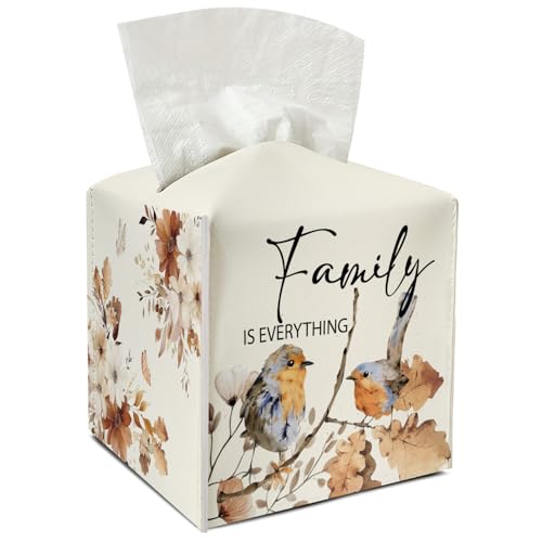 Family Leather Tissue Holder with Bottom Belt for Women Housewarming Gift Floral Bird Tissue Box Cover Bathroom Car Nightstand Vanity Kitchen Decor Waterproof Napkin Organizer Dispenser - FS713 - color: Red 03