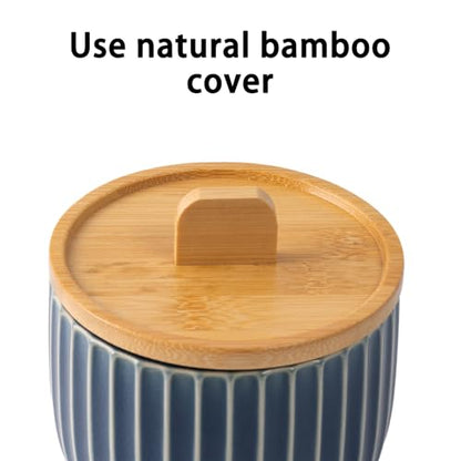 Salt Cellar Keeper with Bamboo Lid, 14oz Big Capacity Ceramic Sugar Bowls Pepper Box, Crackle Glaze Seasoning Container Condiment Pot for Kitchen (Blue Color) - color: Blue