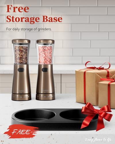 Electric Salt and Pepper Grinder Set with Storage Base, Stainless Steel Rechargeable Salt and Pepper Grinder Set with 4.5 oz Large Capacity, 1.8" Wide Mouth, Adjustable Coarseness, Ideal for Kitchen - color: Bronze