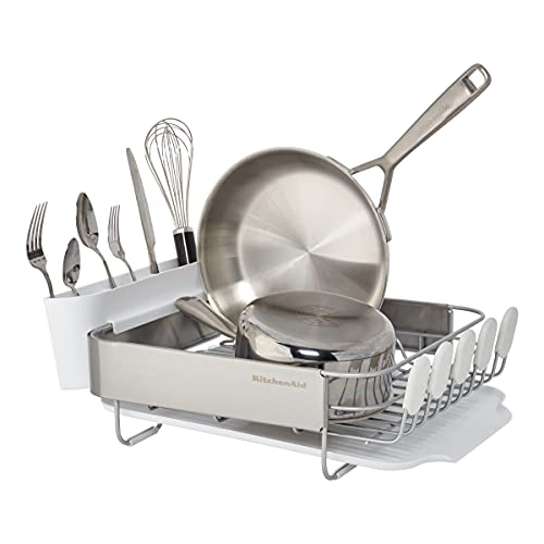 KitchenAid Compact Satin Wire Rust Resistant, Expandable Dish Rack with Angled Self Draining Drainboard with Removable Flatware Caddy, 23.18-Inch, Gray - color: White, size: Compact
