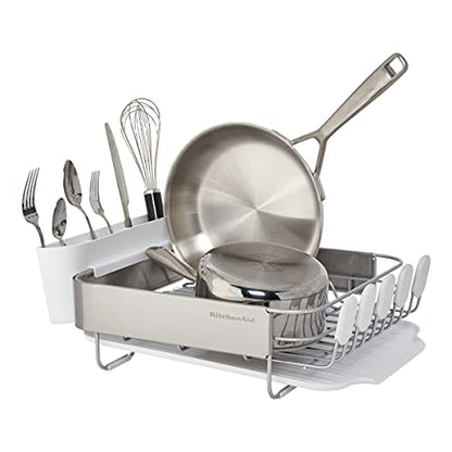 KitchenAid Compact Satin Wire Rust Resistant, Expandable Dish Rack with Angled Self Draining Drainboard with Removable Flatware Caddy, 23.18-Inch, Gray - color: White, size: Compact