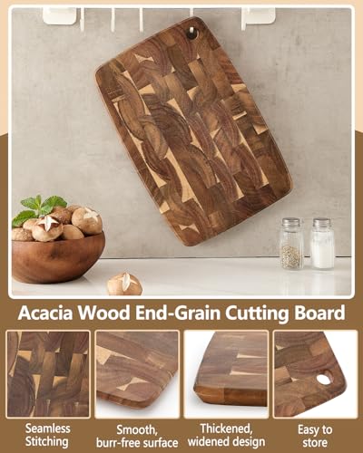 XINZUO Small Acacia Wood End-Grain Kitchen Cutting and Serving Board, for Kitchen, 14" x 9" Reversible Wooden Chopping Board for Meat, Cheese, Fruit & Vegetables,Easy to Clean(Rectangular) - size: 14.1"L x 9.4"W