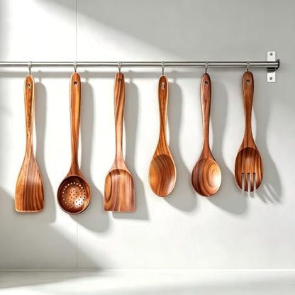 6 PCs Teak Wooden Utensil Set with Hooks, Wooden Spoons for Cooking, Wood Cooking Utensils Set, Comfort Grip, Non Stick Cookware, Easy to Clean, Kitchen Stuff, Wood Spatula