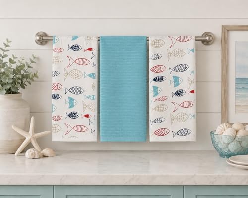 Summer Nautical Kitchen Pot Holder Oven Mitt Dish Towel Set: Coastal Ocean Sealife Navy White Red Fish Design, 5 pc Set (Fish) - color: Fish Set
