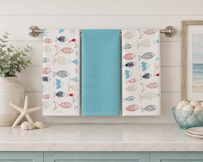 Summer Nautical Kitchen Pot Holder Oven Mitt Dish Towel Set: Coastal Ocean Sealife Navy White Red Fish Design, 5 pc Set (Fish) - color: Fish Set