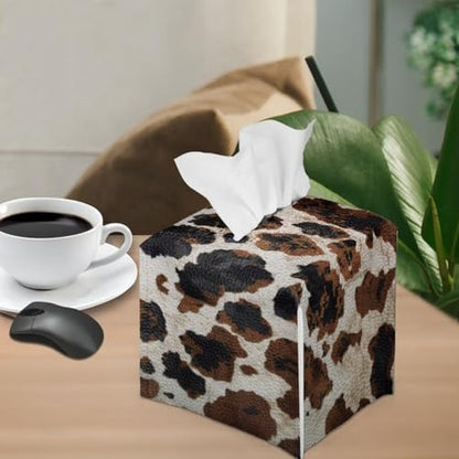Brown Cow Print Square Tissue Box Holder with Bottom Belt Foldable Napkin Facial Tissue Holder Dispenser Home Car Office Paper Organizer - color: Brown Cow Print