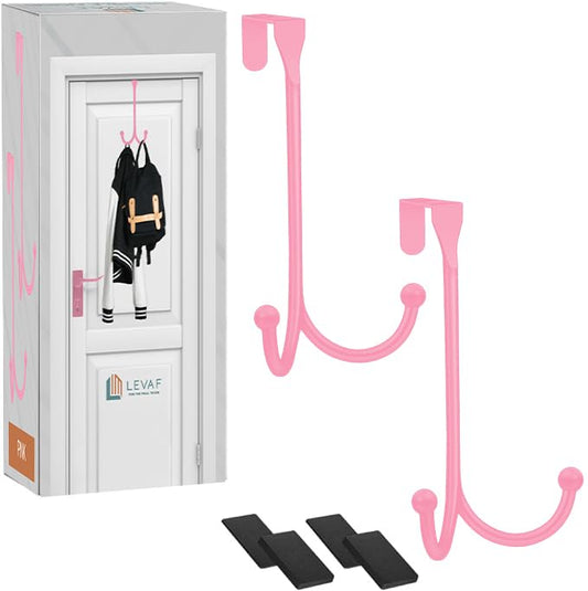 2-Pack Over The Door Hooks - with 2 Hang Heads & Snug Fit Pads Heavy Duty Hook for Hanging Coats, Towels, Caps & Robes - Elegant Matt Finish - No Drill Hanger Organizer - Pink - color: Pink, size: 2 Heads