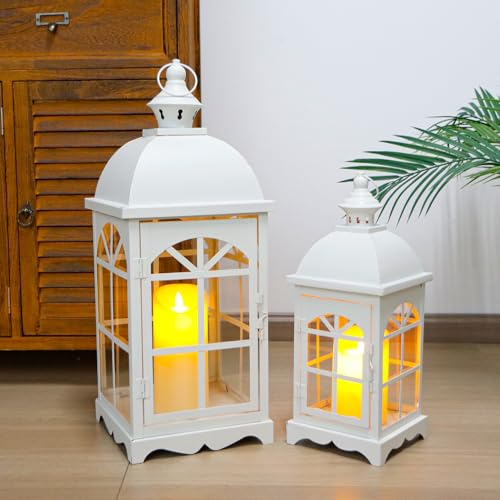 TRIROCKS Set of 2 Decorative Vintage Candle Lanterns 14.5"&20" H Farmhouse Outdoor Hanging Lanterns with Tempered Glass for Porch, Balcony, Patio, Home, Centerpieces, Indoor, Outdoor(White) - color: 14.5"h White