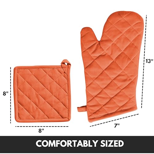 Oven Mitt (7"x13") & Pot Holder (8"x8") 100% Cotton Set of Heat Resistant Oven Gloves & Hot Pads for Gifts, BBQ, Cooking, Baking, Thanksgiving - Orange - color: Orange