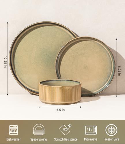 GBHOME Stoneware Dinnerware Sets for 4, 12 Pieces Plates and Bowls Set | Lightweight Ceramic Ribbed Dishes, Reactive Glaze Stackable Plate Set, Scratch Resistant, Microwave & Dishwasher Safe, Khaki - color: Sea Blue