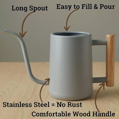Metal Small Indoor Watering Can with Long Spout & Real Wood Handle, 35oz | Long Spout, Stainless Steel, Real Wood Handle, Gentle Flow, No Spills, Suitable for House Plants, Succulents & Seedlings - color: Gray
