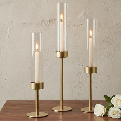 Ronasip Hurricane Candle Holders Set of 3, Matte Gold Metal Taper Candlestick Holders with Clear Glass Chimney Cylinder Tubes, Tall Candle Stands for Wedding, Christmas, Dining Table Centerpiece Decor