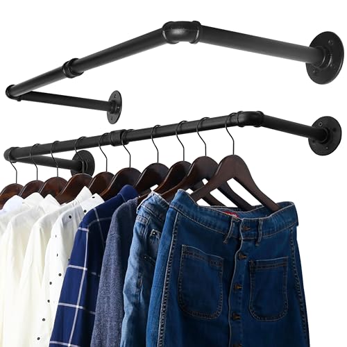 WEBI Clothing Rack Wall Mount,24" Industrial Pipe Clothes Rack for Hanging Clothes,Heavy Duty Iron Garment Rack Bar,Retail Display Clothes Rod for Closet,Laundry Room,Black,2 Packs - color: Black, size: 24 Inch(2 Packs)