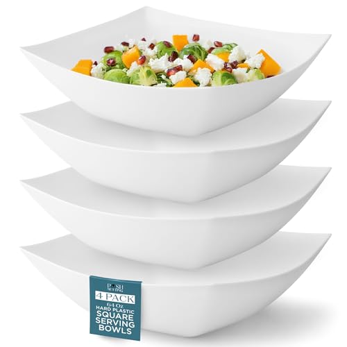 4 Pack Disposable White Plastic Serving Bowls Square Party Candy Use 64oz | Square Design. Disposable Party Tableware. Salad, Fruit & Candy Use. Candy Buffet Containers. White Plastic. - color: White, size: 64 OUNCE