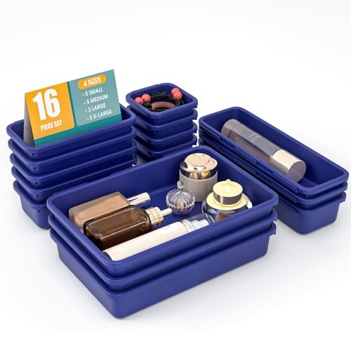 StoreHappily 16 PCS Drawer Organizer Set, 4 Size Makeup Drawer Divider Organizer With Non-Slip Pads, Interlocking Plastic Storage Bins for Office,Jewelry Vanity,Gadgets, Bathroom,Kitchen, Navy - color: Navy, size: 16Pack
