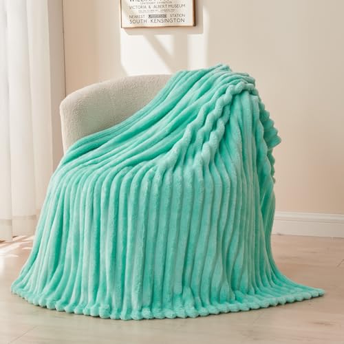 NEWCOSPLAY Fleece Ribbed Cozy Twin Blanket for Couch, Aqua, 60"x80" | Premium Silky Flannel Blanket, Soft Lightweight Fluffy Throw Blanket for Bed Sofa Decor, Gift for All Season Use - color: Aqua Ribbed, size: Twin(60"x80")