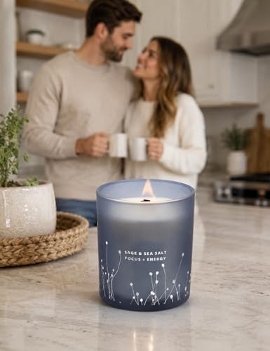 Sage & Sea Salt Wood Wick Soy Scented Aromatherapy Candle for Home, Office | Sage Candles for Cleansing House, Focus & Relaxation | Home Spa, Clean Burn, 10.6 oz, Decorative Blue Jar Candle, Women & Men