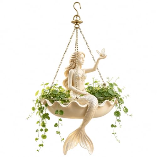 Ballet Dancer Hanging Planter, Resin Ballerina Flower Pot with Metal Chains, Small Hanging Basket for Succulents Ivy Spider Plants, Dance Teacher Appreciation Gift，Mermaid with Butterfly - color: Mermaid With Butterfly