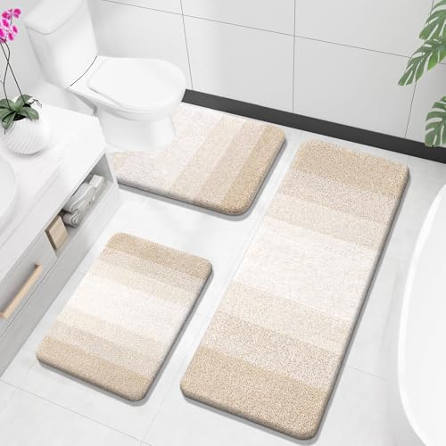 OLANLY Microfiber Bathroom Rugs Sets 3 Piece, 47"x20"+24"x16"+24"x20" | Light Beige, Soft Absorbent Bath Mats and U-Shaped Contour Toilet Rug, Plush Shaggy Bath Mat Set for Bathroom - color: Light Beige, size: 47" X 20" + 24" X 16" + U24" X 20"