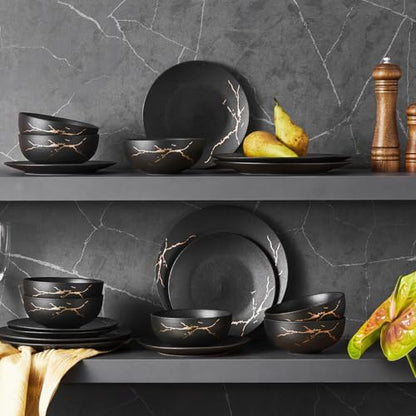 18-Piece Matte Crackle Dinnerware Sets, Black and Gold | Porcelain Plates & Bowls Set | Scratch Resistant Handcrafted Gold Luster | Microwave, Dishwasher Safe | Serves 6 | Ideal Gift - size: Service for 6 (18pcs)