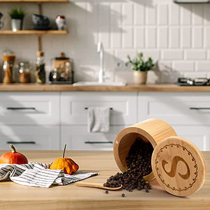 Tosnail 2 Pack Bamboo Salt and Pepper Holder Box with 2 Spoons, Spice Jars Containers, Seasoning Storage Box with Swivel Lid and Magnet Lock - 6 oz Capacity
