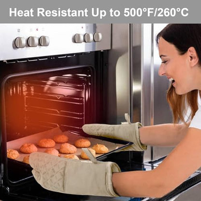 KEGOUU Oven Mitts and Pot Holders 6pcs Set, Kitchen Oven Glove High Heat Resistant 500 Degree Extra Long Oven Mitts and Potholder with Non-Slip Silicone Surface for Cooking (Almond) - color: Almond