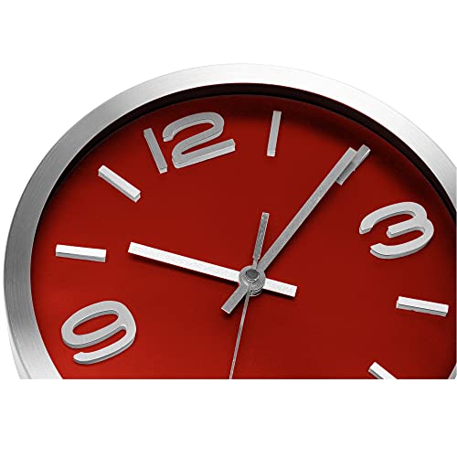 Bernhard Products Metal Wall Clock Modern Silver & Wine 10 Inch Silent Non Ticking, Red Round Elegant Quality Quartz Battery Operated for Home Kitchen Living Room Office, 3D Numbers - color: Silver & Wine