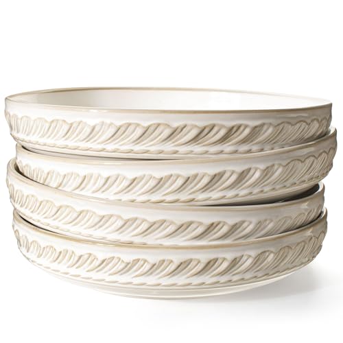Pasta Bowls, 50oz Large Salad Serving Bowls, 9.75'' Plates Bowls Set of 4, Big White Ceramic Soup Bowls for Kitchen, Embossment Shallow Dinner Bowl, Microwave Dishwasher Safe, Willow Leaf - color: White (Willow Leaf)
