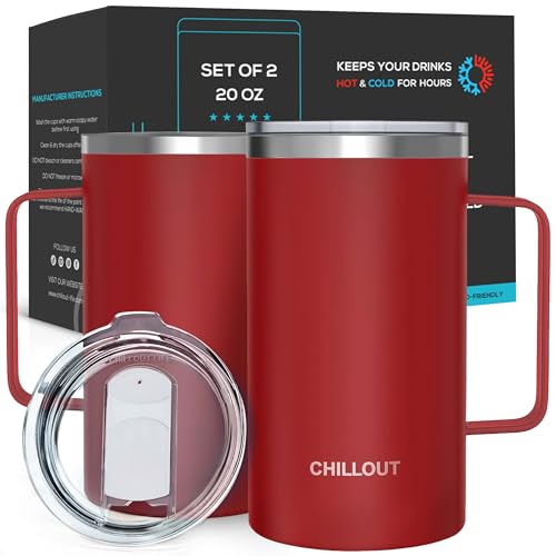 CHILLOUT LIFE Stainless Steel Vacuum Insulated Coffee Mug 20 oz (Set of 2) with Handle and Lid, Large Thermal Camping Coffee Mugs with Sliding Lid for Men & Women, Keeps Your Beverages Hot & Cold - color: Cherry Red, size: 20 Ounces - 2 Pack