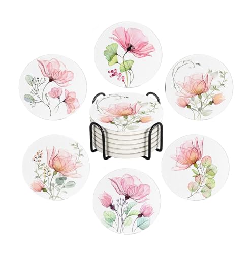 Drink Coasters for Drinks Set of 6, Watercolor X-ray Roses and Eucalyptus Absorbent Round Ceramic Stone Mat Coaster, with Cork Base and Metal Holder, Home Bar Decor House Warming Gift - color: X-ray Roses, size: Round