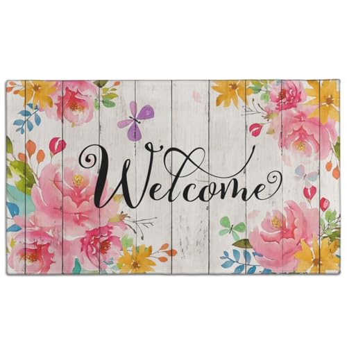 Spring Door Mat,Welcome Peony Flower Butterfly Indoor Outdoor Non-Slip Doormat,Entryway Front Porch Spring Summer Welcome Door Mat Colorful for Entrance Decor,30" x 17" - color: Peony Flower