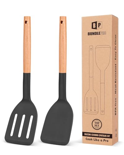 Pack of 2 Silicone Cooking Spatula, Heat Resistant Solid Turner, Non Stick Slotted Spatulas with Wooden Short Handle,Ideal Wood Kitchen Utensils Set for Frying, Baking, Flipping, Turning - color: Black