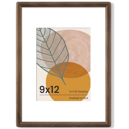 9x12 Walnut Frame - Rounded Corner 9x12 Picture Frame Matted to 6x8 - Natural Walnut Wood 12x9 Frame with Tempered Glass for Wall Mount Display - color: Walnut, size: 9x12 - 1P