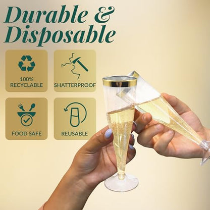 Reli. Disposable Champagne Flutes (55 Pack) | 4.5 oz Clear w/ Gold Rim | Premium Plastic Champagne Flutes | Party-Perfect for Celebrations, Weddings, Graduation, New Year