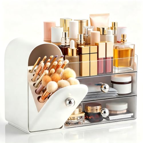 HBlife Makeup Organizer Countertop with Drawers, Vanity Organizers with Brush Holder, Bathroom Counter Organizer for Perfume, Nail Polishes, Lipsticks, Skincare and Eyeshadow Palettes, White Sliver - color: White Silver