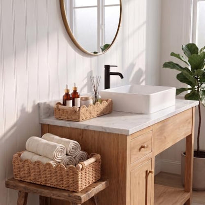 2 Pcs Toilet Paper Storage Basket with Wood Handles, Bathroom, 2Pcs | Scalloped Edge Paper Rattan Bathroom Basket, Over-The-Toilet Storage Organizer for Shelf, Countertop, Modern Farmhouse Decor