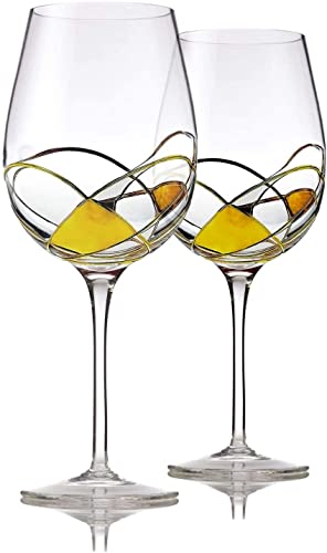 Bezrat Wine Glasses Hand Painted - Set of 2 - Women Wine Gift - Wine Lover Glass - Beautiful Glassware Gifts Ideas for Women Inspired by 'Duomo di Milano' Mothers Day - 14 oz (Gold) - color: Gold, size: 14 Ounces