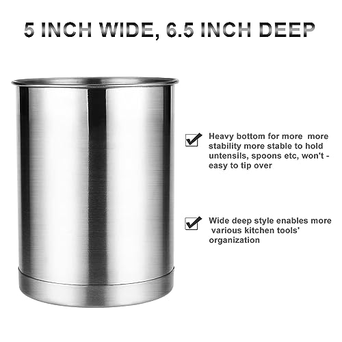 Stainless Steel Utensil Holder for Counter(2Pack), Brushed Silver Drying Metal Utensil Crock Canister for Cooking Utensils on Countertop, with Heavy Base, Dishwasher Safe, Silver