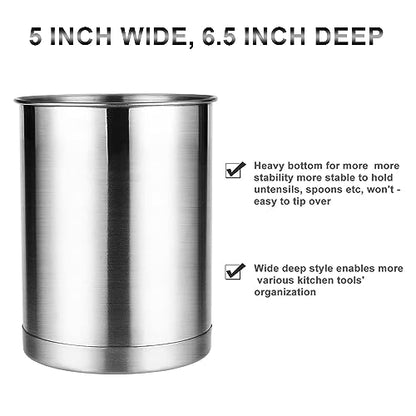 Stainless Steel Utensil Holder for Counter(2Pack), Brushed Silver Drying Metal Utensil Crock Canister for Cooking Utensils on Countertop, with Heavy Base, Dishwasher Safe, Silver