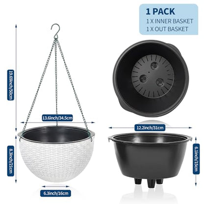 13.8 Inch Self Watering Hanging Planter, 2PCS Round Resin Hanging Basket for Indoor Outdoor Plants, Rattan Look Flower Pot with Drainage Plug, Deep Inner Pot and Sturdy Metal Triple-Chain Hanger - color: White