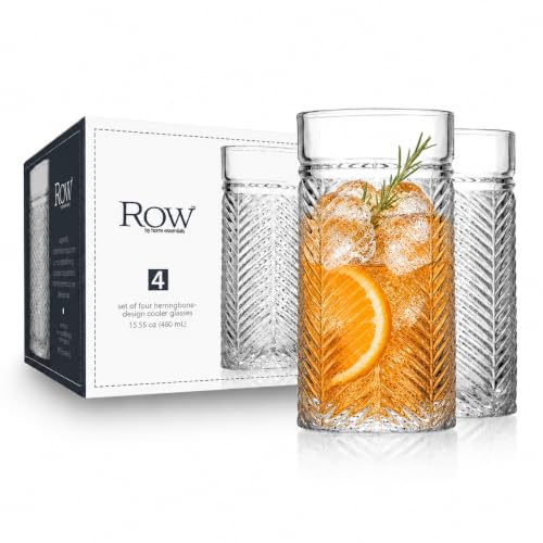 Highball Glasses Set of 4 Herringbone, 15.5 oz Tall Drinking Glasses, Elegant Textured Premium Glassware Tumblers for Water, Juice, Cocktails, Everyday use Vintage Style Beverage Glass Set