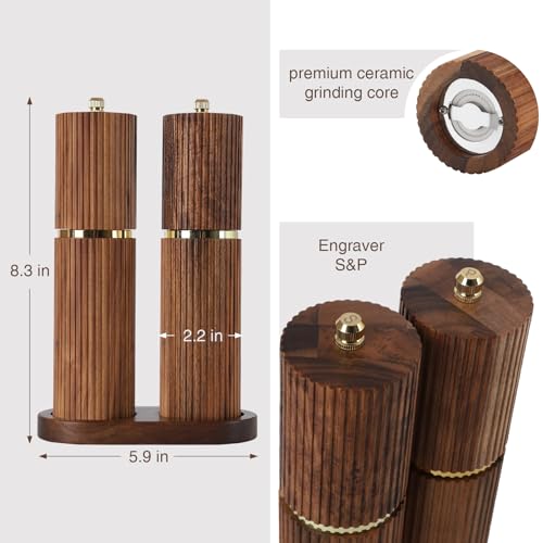 Wooden Salt and Pepper Grinder Set, Refillable Salt and Pepper grinder with adjustable Coarseness, Acacia Wood pepper mill manual, Salt and Pepper Shakers Matching Wooden tray-Ideal for Gifting - color: BURLYWOOD