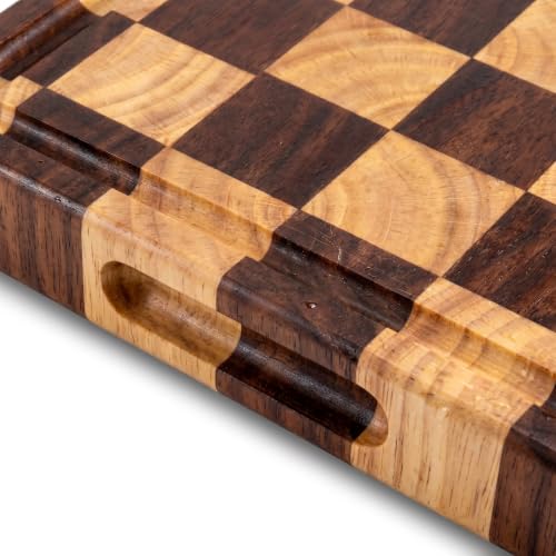Checkered Cutting Board for Kitchen, 15"x10.4"x1.2" End Grain Cutting Board, Solid Ebony and Rubberwood Butcher Block Cutting Board with Juice Groove, Reversible Wooden Charcuterie Board